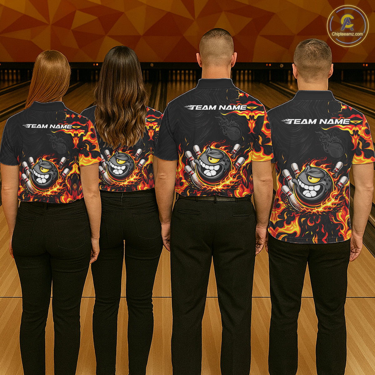 Funny Angry Bowling Polo, 1/4 Zip Shirt for Women Custom Black and Orange Flame Bowling Team jerseys NQS11683