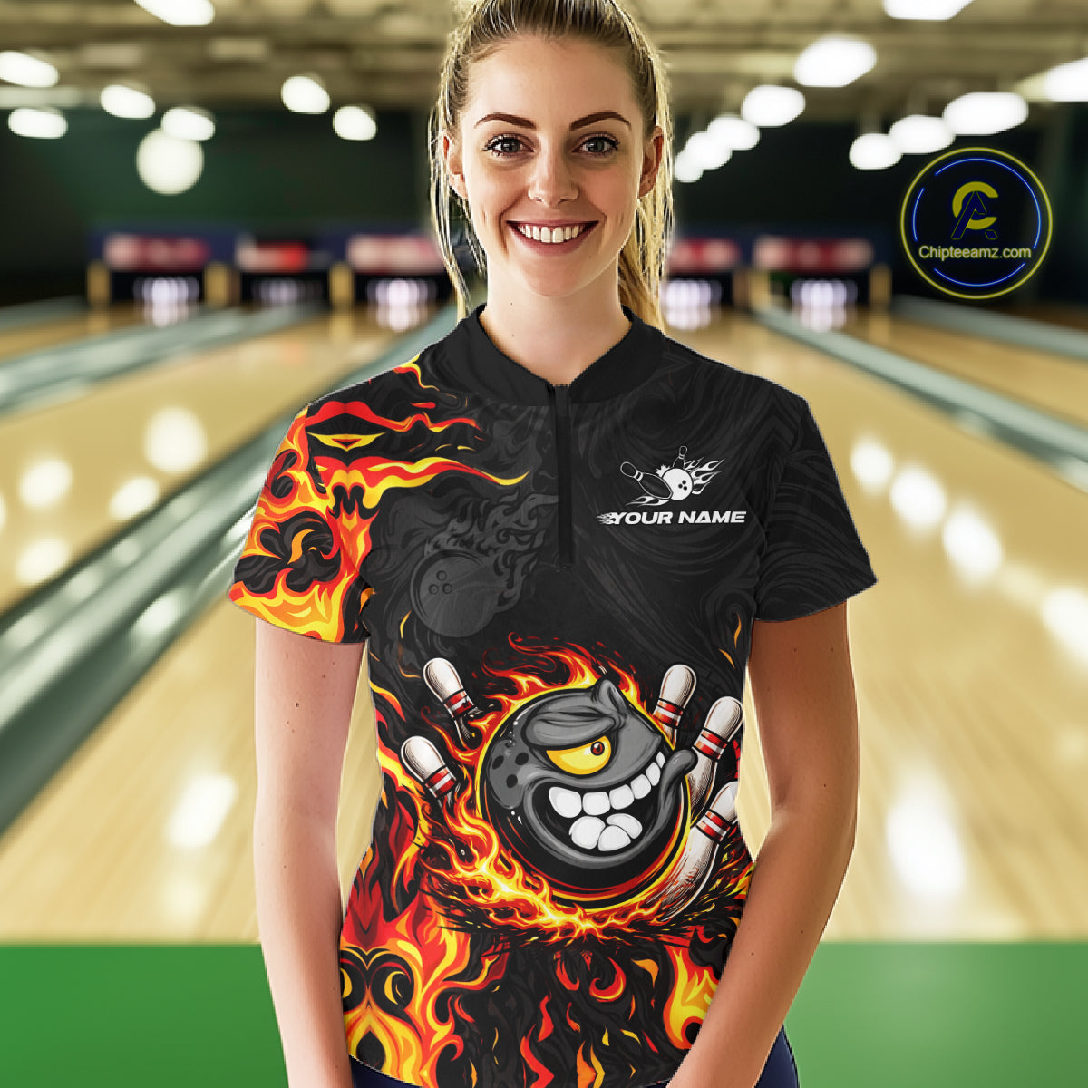 Funny Angry Bowling Polo, 1/4 Zip Shirt for Women Custom Black and Orange Flame Bowling Team jerseys NQS11683