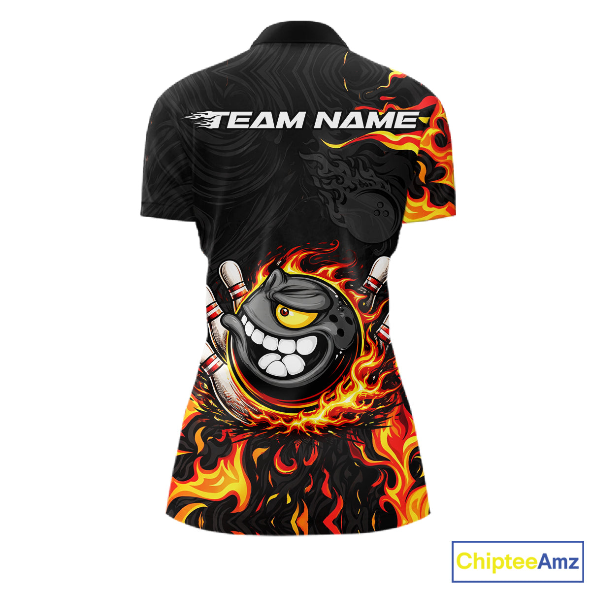 Funny Angry Bowling Polo, 1/4 Zip Shirt for Women Custom Black and Orange Flame Bowling Team jerseys NQS11683