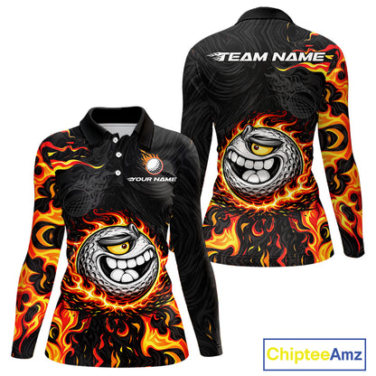 Funny Angry Golf Ball Golf Polo Shirts For Women Custom Black and Orange Flame ladies golf apparel NQS11684