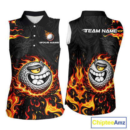 Funny Angry Golf Ball Sleeveless Golf Polo Shirt Custom Black and Orange Flame ladies golf apparel NQS11684