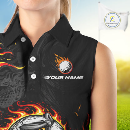 Funny Angry Golf Ball Sleeveless Golf Polo Shirt Custom Black and Orange Flame ladies golf apparel NQS11684