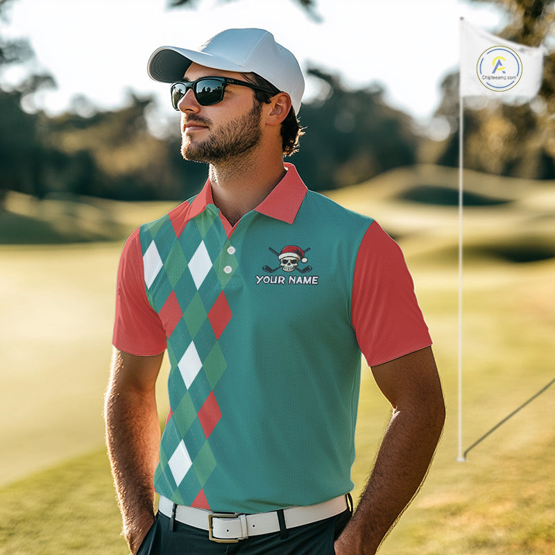 Green, Red and White Christmas argyle pattern Skull Golf Polo Shirt For Men Custom mens golf outfit NQS10770