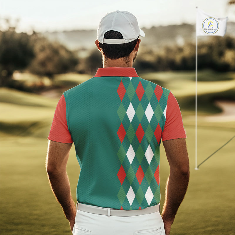 Green, Red and White Christmas argyle pattern Skull Golf Polo Shirt For Men Custom mens golf outfit NQS10770