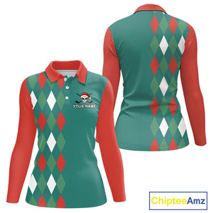 Green, Red & White Christmas argyle pattern Skull Golf Polo Shirt For Women Custom ladies golf outfit NQS10770
