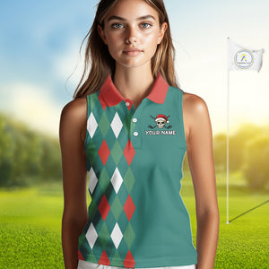 Green, Red & White Christmas argyle pattern Skull Sleeveless Polo Shirt Custom ladies golf outfit NQS10770