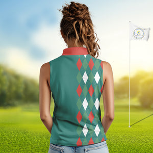Green, Red & White Christmas argyle pattern Skull Sleeveless Polo Shirt Custom ladies golf outfit NQS10770