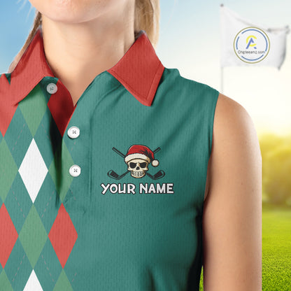 Green, Red & White Christmas argyle pattern Skull Sleeveless Polo Shirt Custom ladies golf outfit NQS10770