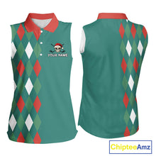 Load image into Gallery viewer, Green, Red &amp; White Christmas argyle pattern Skull Sleeveless Polo Shirt Custom ladies golf outfit NQS10770