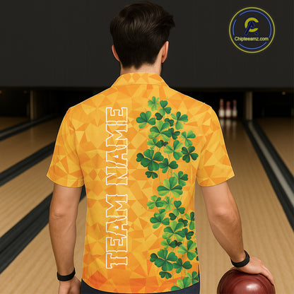 Orange pattern Green clovers St Patrick's Day Bowling Button-up Shirt Custom Bowling Team jerseys NQS11696