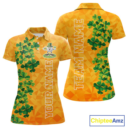 Orange pattern Green clovers St Patrick's Day Women Golf Polo shirt Custom best golf gifts for ladies NQS11697