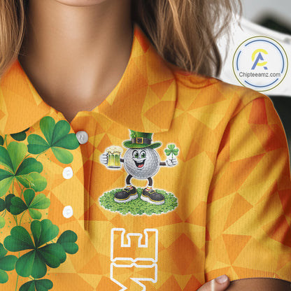 Orange pattern Green clovers St Patrick's Day Women Golf Polo shirt Custom best golf gifts for ladies NQS11697
