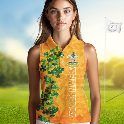 Orange pattern Green clovers St Patrick's Day Sleeveless Golf shirt Custom best golf gifts for ladies NQS11697
