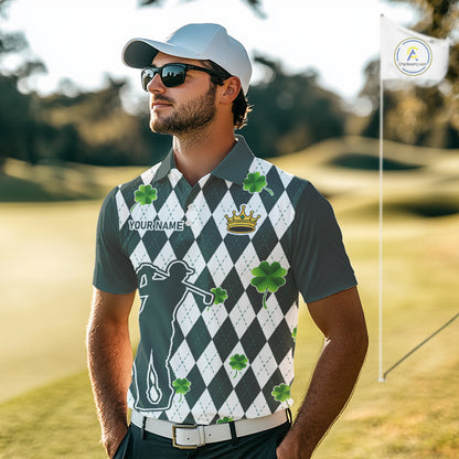 Green argyle pattern lucky shamrock Golf Polo Shirt For Men Custom St. Patrick's mens golf outfit NQS10775
