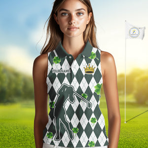 Green argyle pattern lucky shamrock Sleeveless Polo Shirt Custom St. Patrick's ladies golf outfit NQS10775