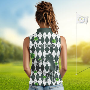 Green argyle pattern lucky shamrock Sleeveless Polo Shirt Custom St. Patrick's ladies golf outfit NQS10775