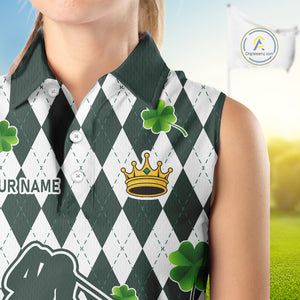 Green argyle pattern lucky shamrock Sleeveless Polo Shirt Custom St. Patrick's ladies golf outfit NQS10775