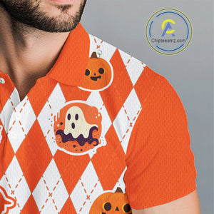 Orange argyle pattern pumpkin Golf Polo Shirt For Men Custom Halloween mens golf outfit NQS10776