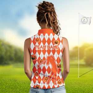 Orange argyle pattern pumpkin Golf Sleeveless Polo Shirt Custom Halloween ladies golf outfit NQS10776