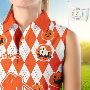 Orange argyle pattern pumpkin Golf Sleeveless Polo Shirt Custom Halloween ladies golf outfit NQS10776