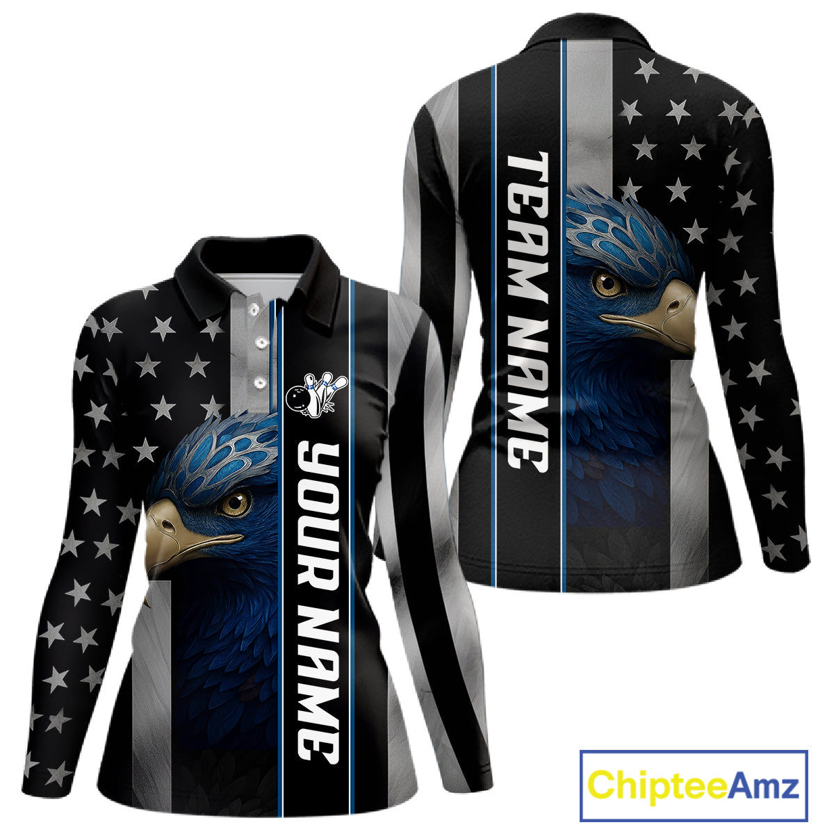 Black American Flag Eagle Bowling Shirts For Women Custom Patriotic Bowling Team Jerseys NQS11152