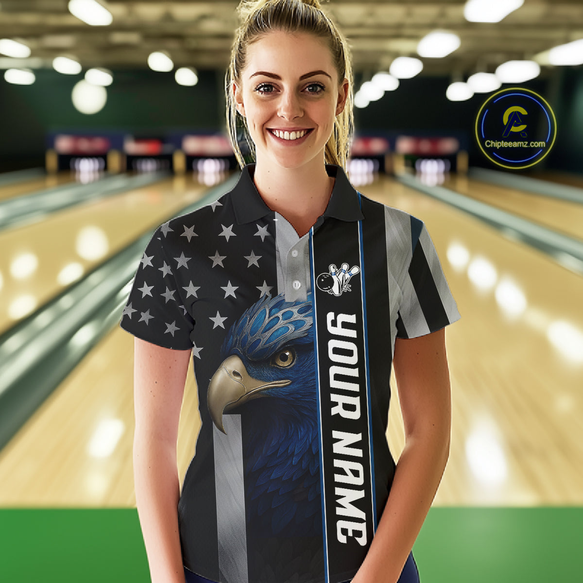 Black American Flag Eagle Bowling Shirts For Women Custom Patriotic Bowling Team Jerseys NQS11152
