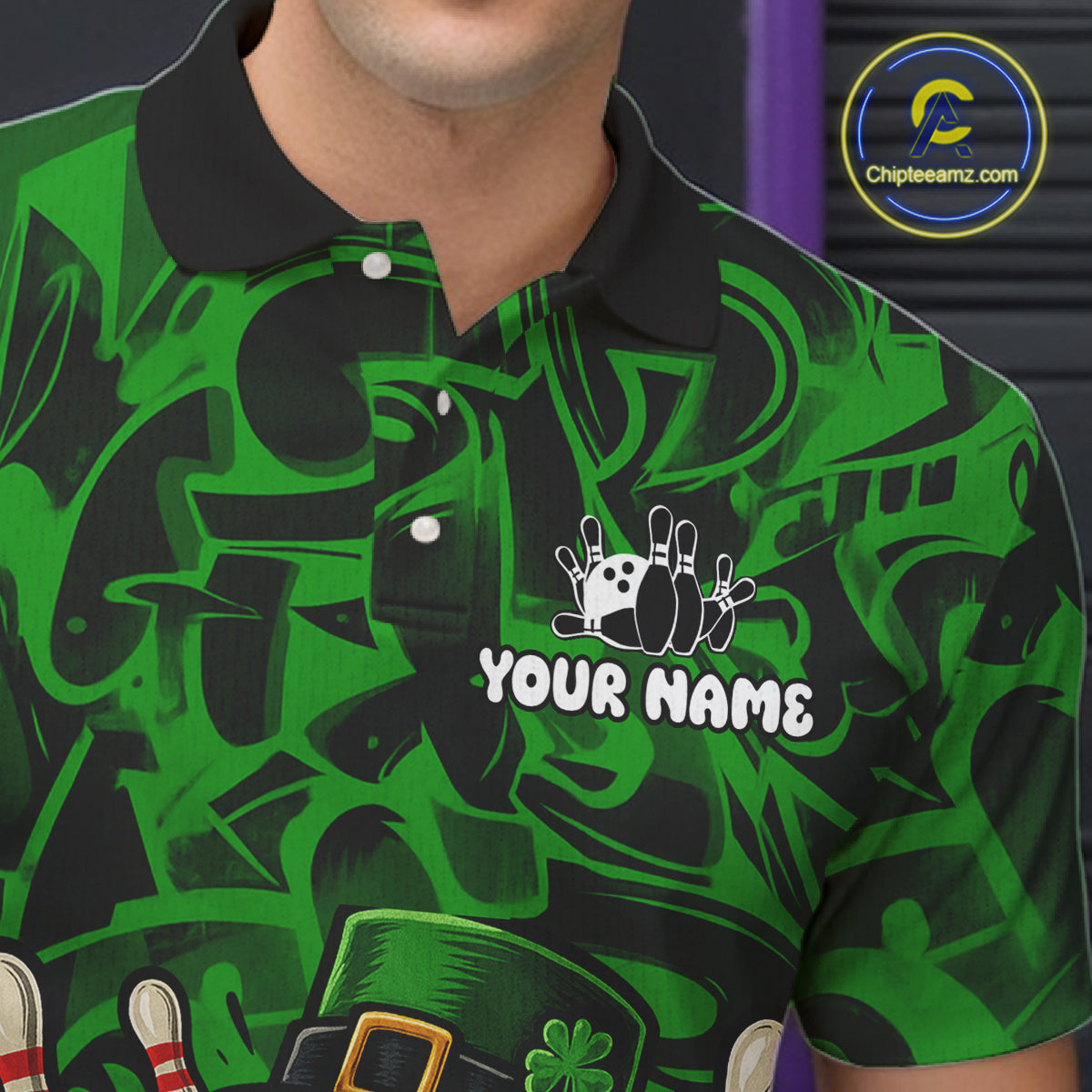 Funny Alligator Bowling Shirts For Men Custom Green graffiti pattern St Patrick Bowling Team Jersey NQS11161