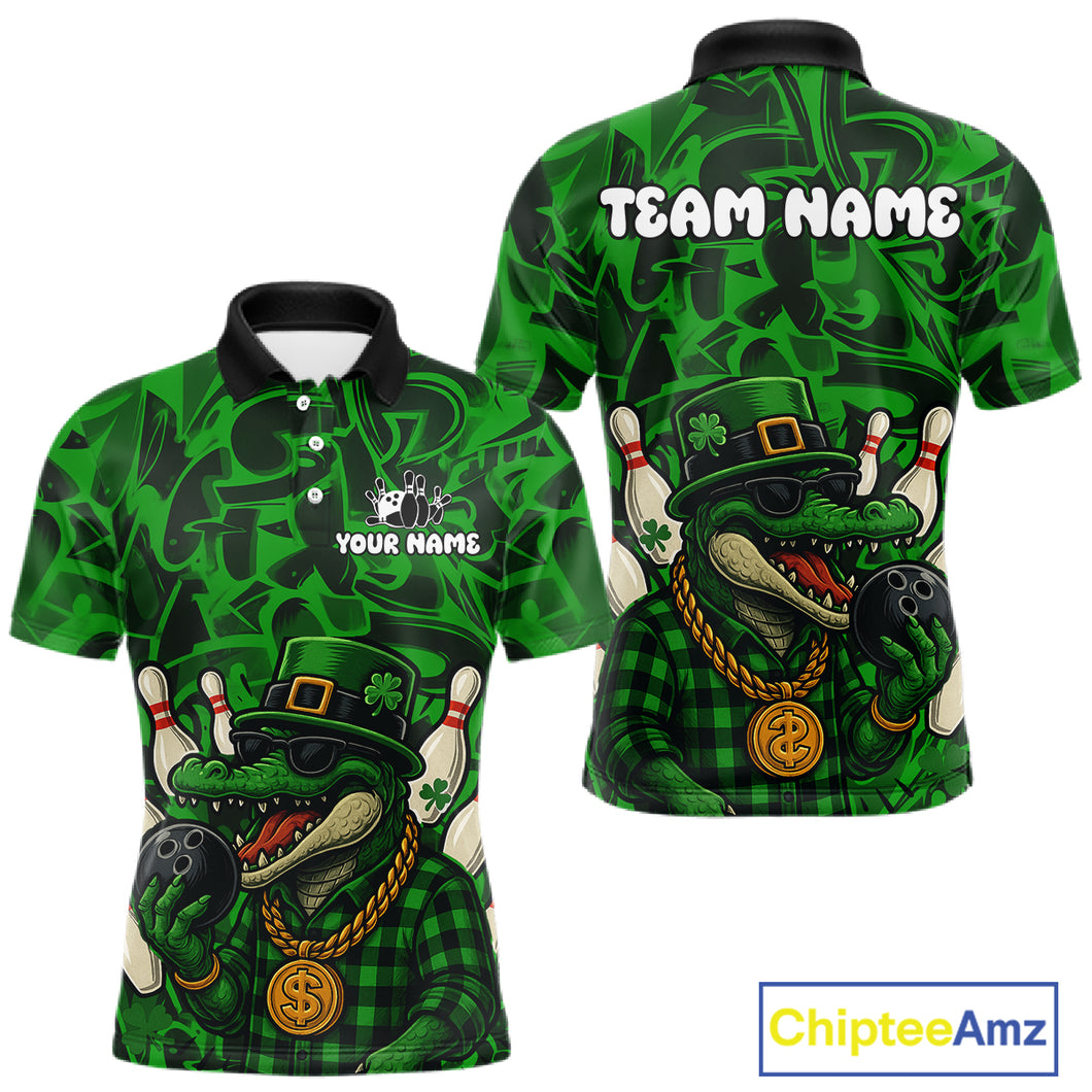 Funny Alligator Bowling Shirts For Men Custom Green graffiti pattern St Patrick Bowling Team Jersey NQS11161