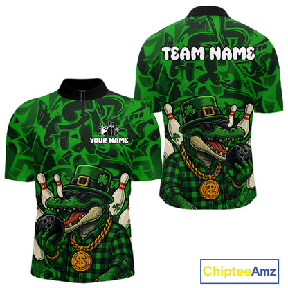 Funny Alligator Bowling Shirts For Men Custom Green graffiti pattern St Patrick Bowling Team Jersey NQS11161