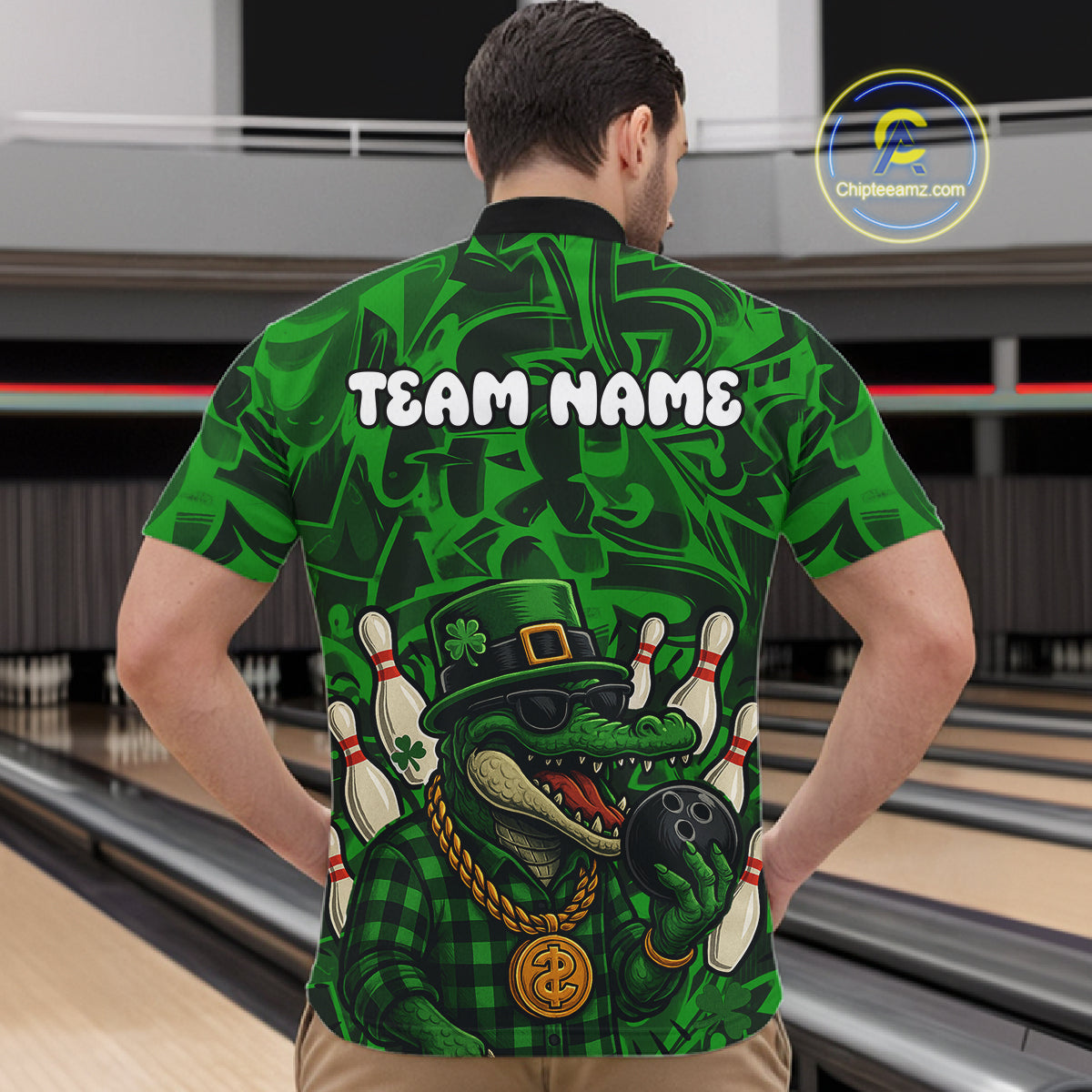 Funny Alligator Bowling Shirts For Men Custom Green graffiti pattern St Patrick Bowling Team Jersey NQS11161