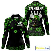 Load image into Gallery viewer, Black and Green Shamrock Funny Bowling Shirts For Women Custom St Patrick&#39;s Day Bowling Team Jersey NQS11163