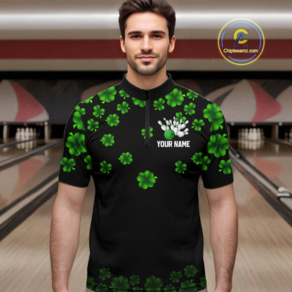 Black and Green Shamrock Funny Bowling Shirts For Men Custom St Patrick's Day Bowling Team Jersey NQS11163