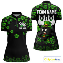 Load image into Gallery viewer, Black and Green Shamrock Funny Bowling Shirts For Women Custom St Patrick&#39;s Day Bowling Team Jersey NQS11163