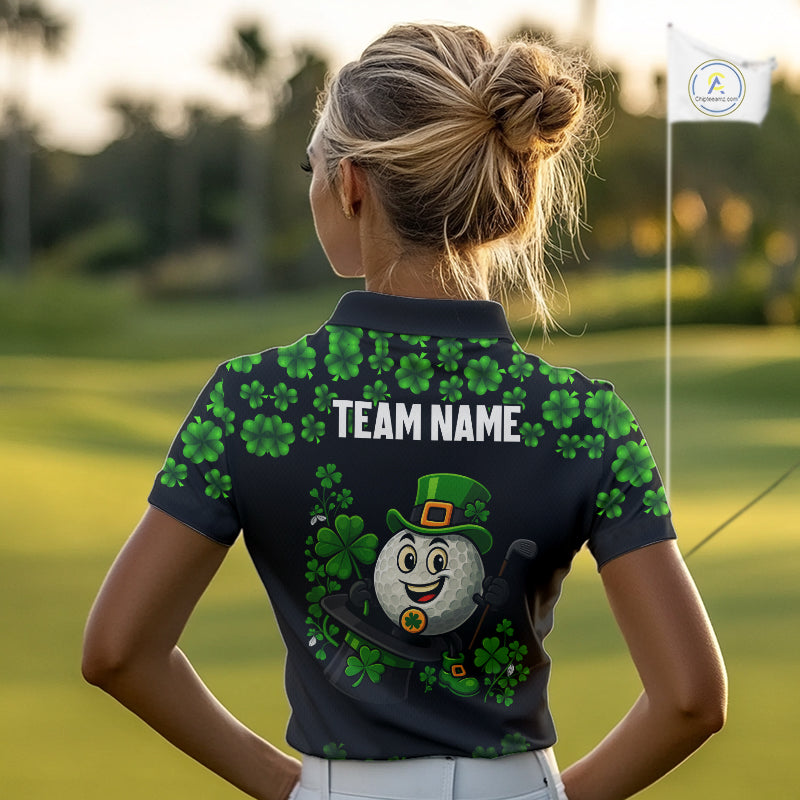 Black and Green Shamrock Funny Golf Polo Shirt For Women Custom St Patrick's Day ladies golf outfit NQS11164
