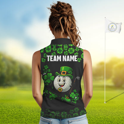 Black and Green Shamrock Funny Sleeveless Golf Polo Shirt Custom St Patrick's Day ladies golf outfit NQS11164