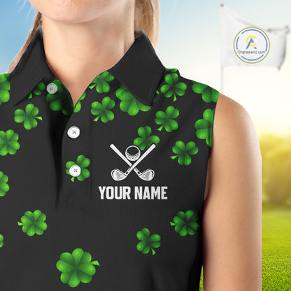 Black and Green Shamrock Funny Sleeveless Golf Polo Shirt Custom St Patrick's Day ladies golf outfit NQS11164