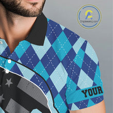 Load image into Gallery viewer, Personalized golf polo shirts for men blue argyle pattern black American Flag patriotic golf shirts NQS11368