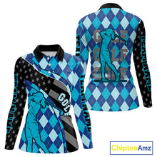 Load image into Gallery viewer, Personalized golf polo shirts for Women blue argyle pattern black American Flag patriotic golf shirts NQS11368