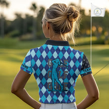 Load image into Gallery viewer, Personalized golf polo shirts for Women blue argyle pattern black American Flag patriotic golf shirts NQS11368