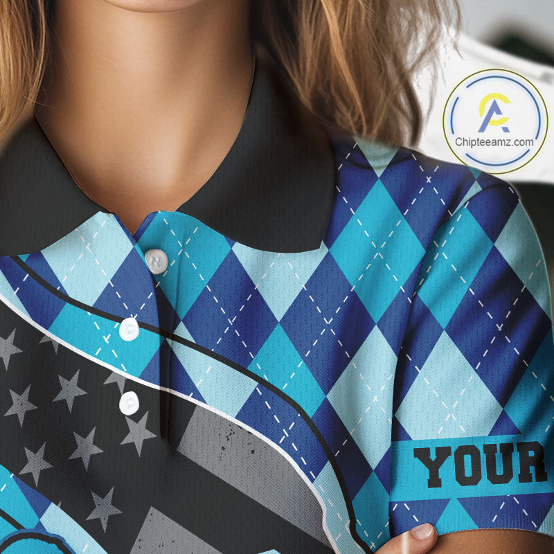 Personalized golf polo shirts for Women blue argyle pattern black American Flag patriotic golf shirts NQS11368
