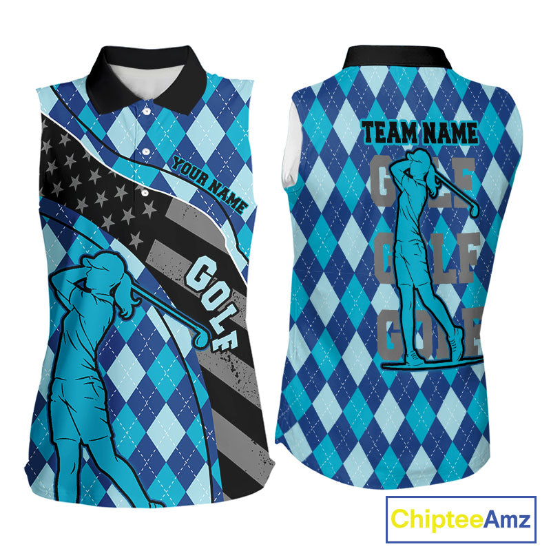 Personalized womens golf shirts sleeveless blue argyle pattern American Flag patriotic golf shirts NQS11368