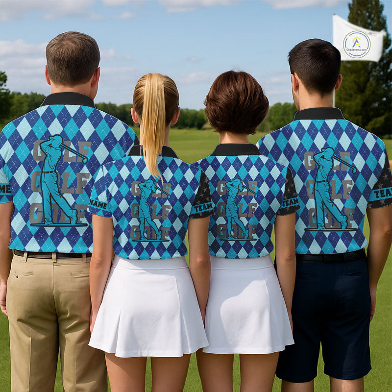 Personalized golf polo shirts for Women blue argyle pattern black American Flag patriotic golf shirts NQS11368