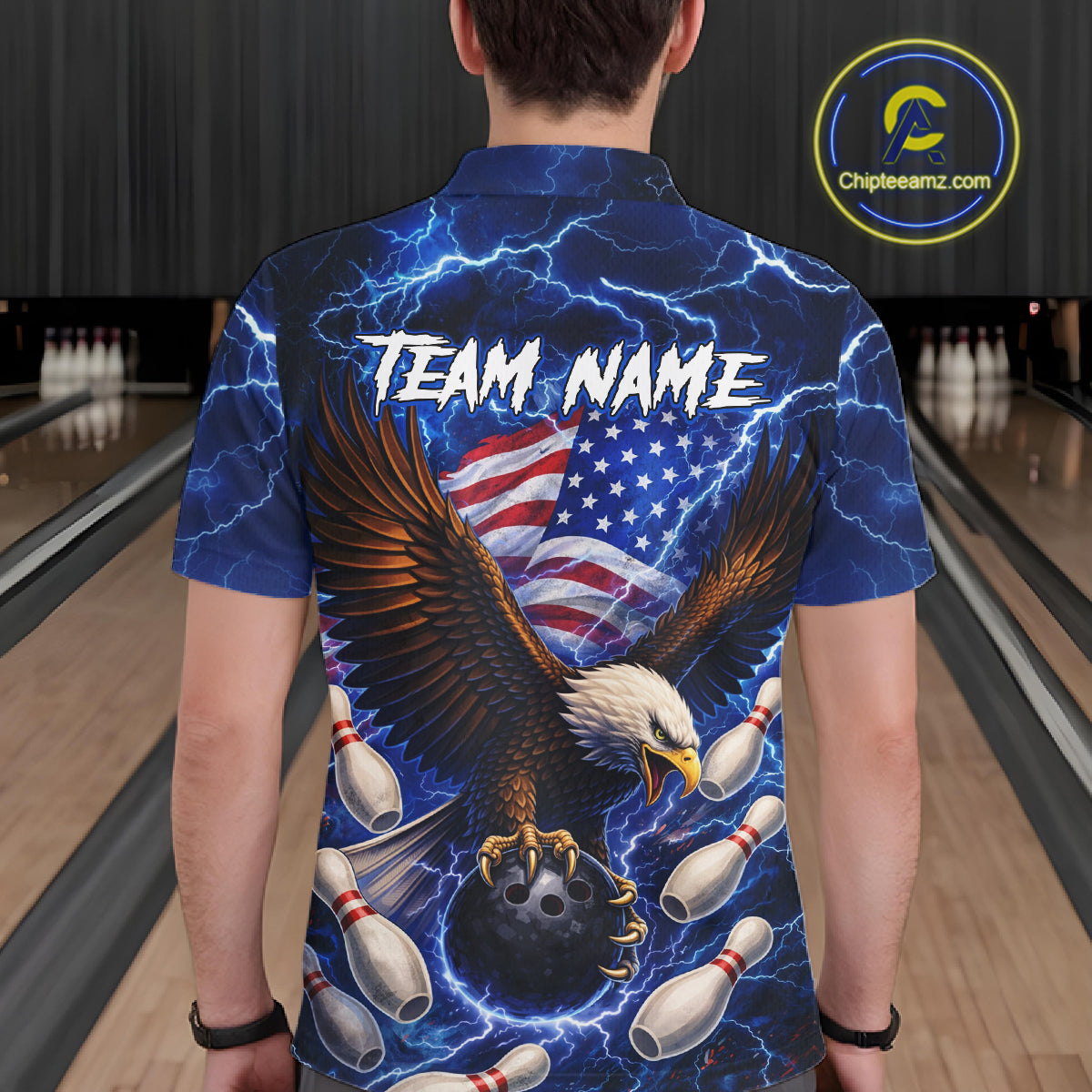Blue Lightning Thunder US Flag Eagle Bowling Shirts for Men Custom Patriotic Team Bowling Jerseys NQS11580