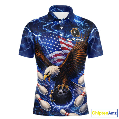 Blue Lightning Thunder US Flag Eagle Bowling Shirts for Men Custom Patriotic Team Bowling Jerseys NQS11580