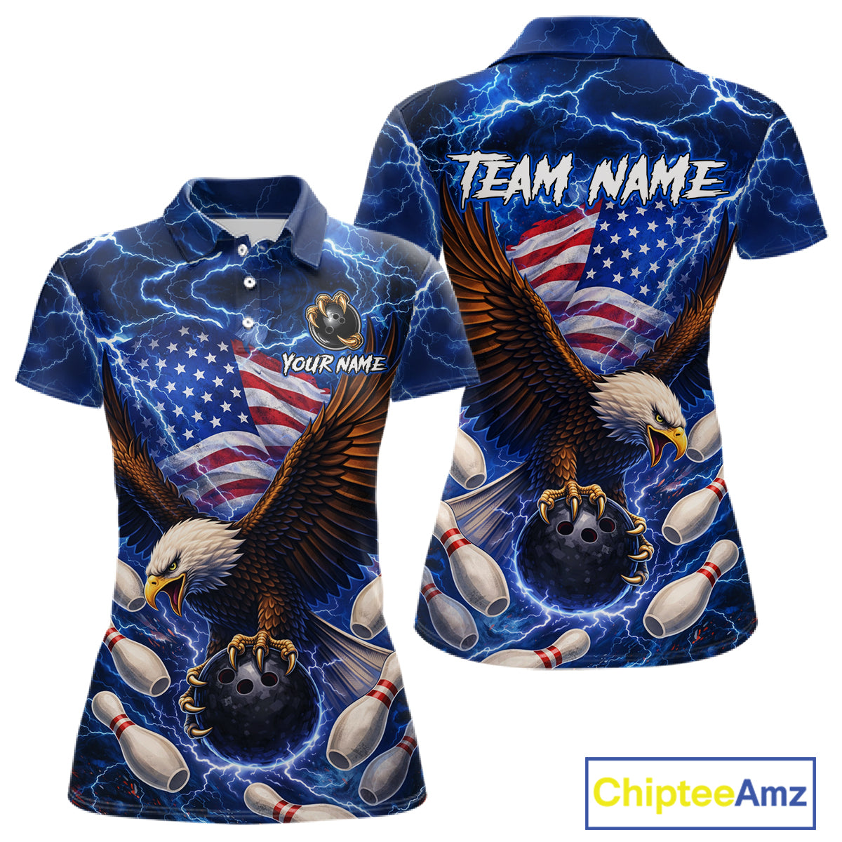 Blue Lightning Thunder US Flag Eagle Bowling Shirts for Women Custom Patriotic Team Bowling Jerseys NQS11580