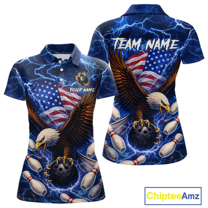 Blue Lightning Thunder US Flag Eagle Bowling Shirts for Women Custom Patriotic Team Bowling Jerseys NQS11580