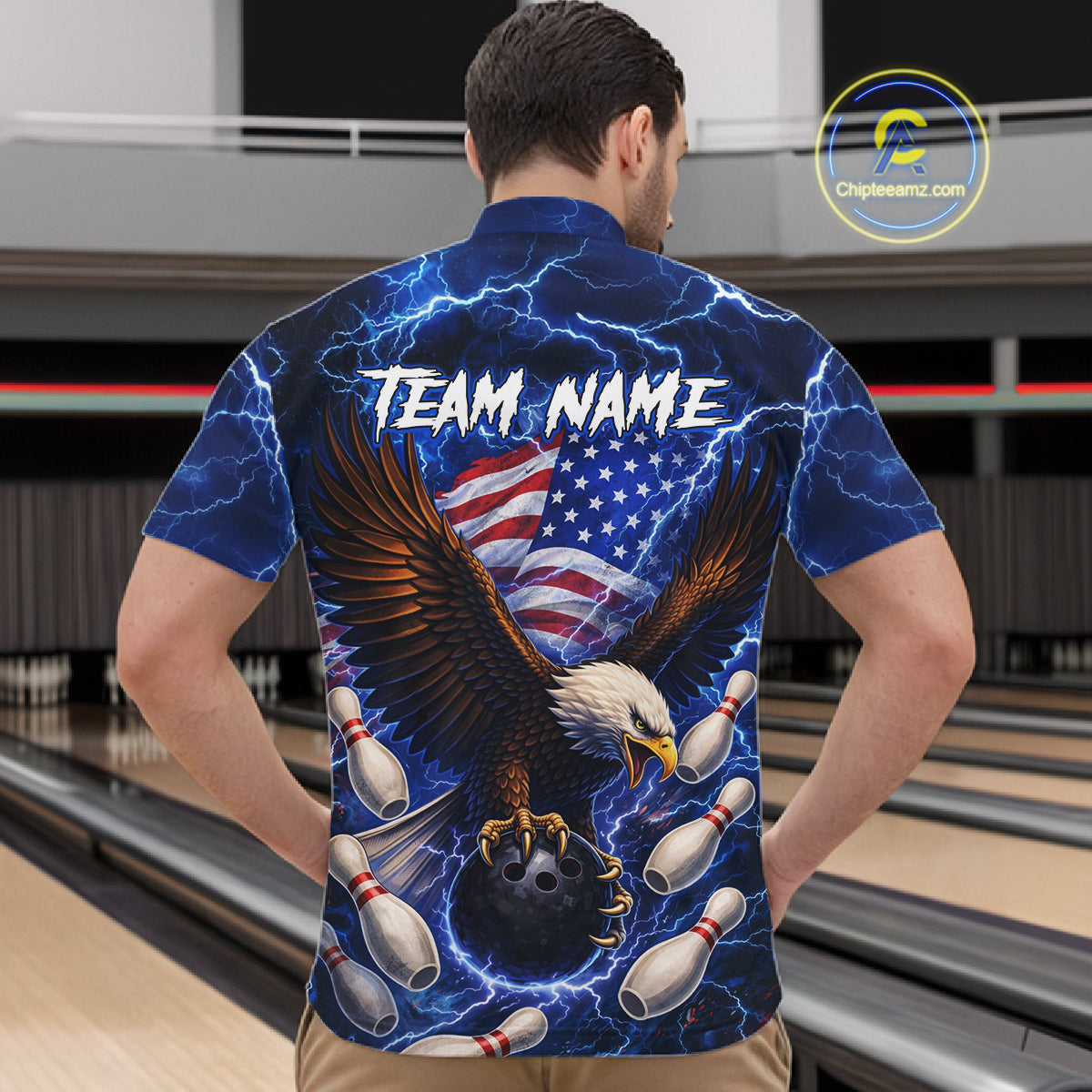 Blue Lightning Thunder US Flag Eagle Bowling Shirts for Men Custom Patriotic Team Bowling Jerseys NQS11580