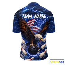Load image into Gallery viewer, Blue Lightning Thunder US Flag Eagle Bowling Shirts for Men Custom Patriotic Team Bowling Jerseys NQS11580
