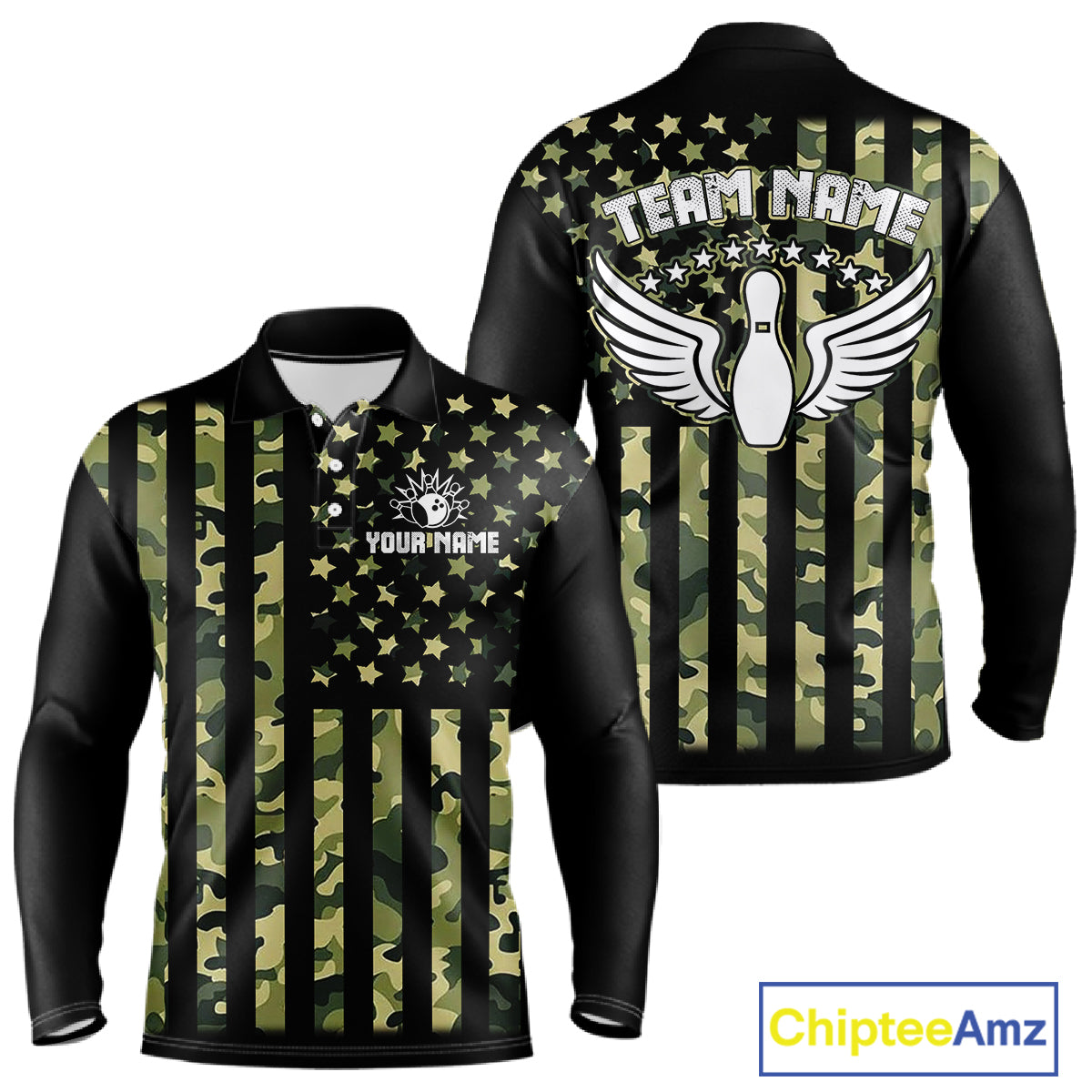 Black and Green Camo American Flag Bowling Shirts For Men Custom patriotic Bowling Team Jerseys NQS11177