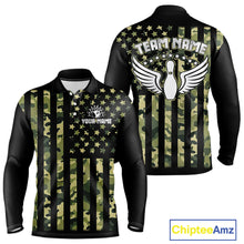 Load image into Gallery viewer, Black and Green Camo American Flag Bowling Shirts For Men Custom patriotic Bowling Team Jerseys NQS11177
